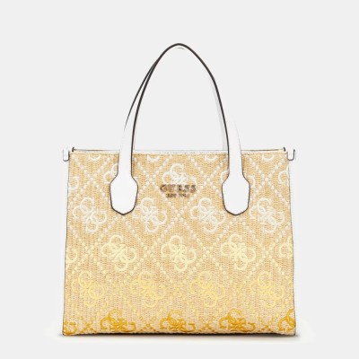 BOLSO GUESS SILVANA LOGO RAFIA AMARILLO MULT.